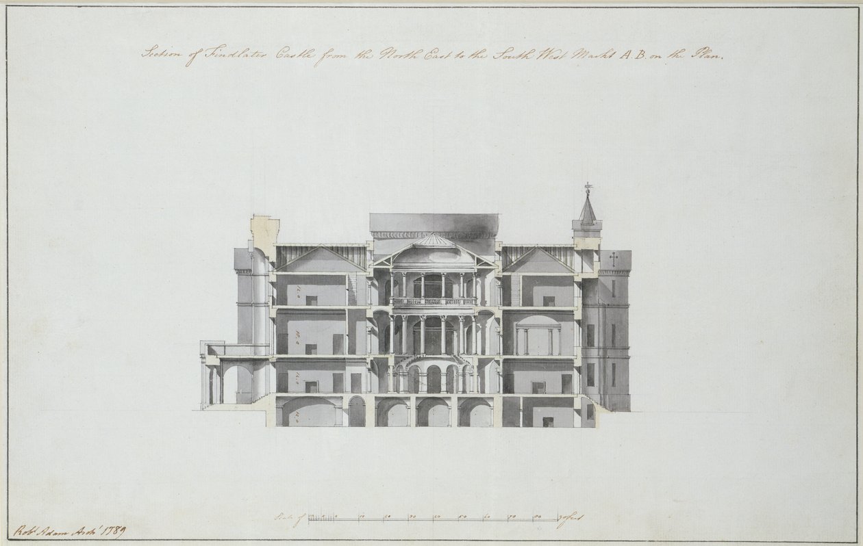 उत्तर पूर्व से दक्षिण पश्चिम, 1789 तक फाइंडलाटर कैसल की धारा (कागज पर स्याही से धोना) (273034 भी देखें) द्वारा रॉबर्ट एडम