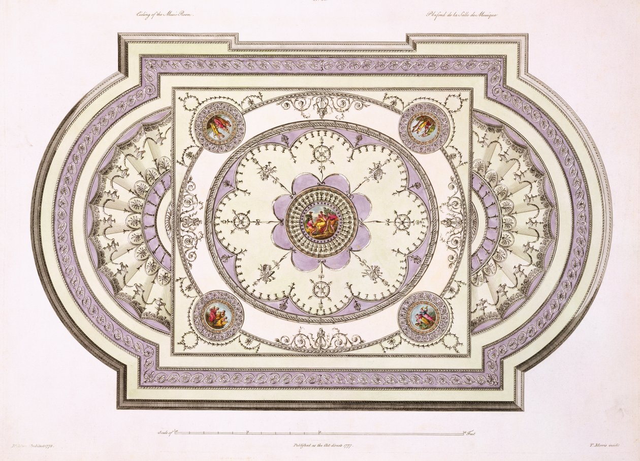 आर्किटेक्चर, वर्क्स II, 1779 (प्रिंट) में संगीत कक्ष की छत, द्वारा रॉबर्ट एडम