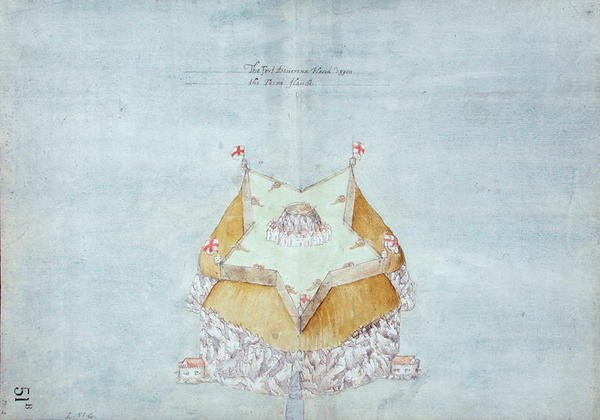 फोर्ट डेवर्क्स ने उप्पेर द फर्न द्वीप, c.1597-1601 (wc, पेंसिल और पेन और स्याही को लिनन के साथ समर्थित कागज पर रखा) द्वारा रॉबर्ट डेवेरक्स