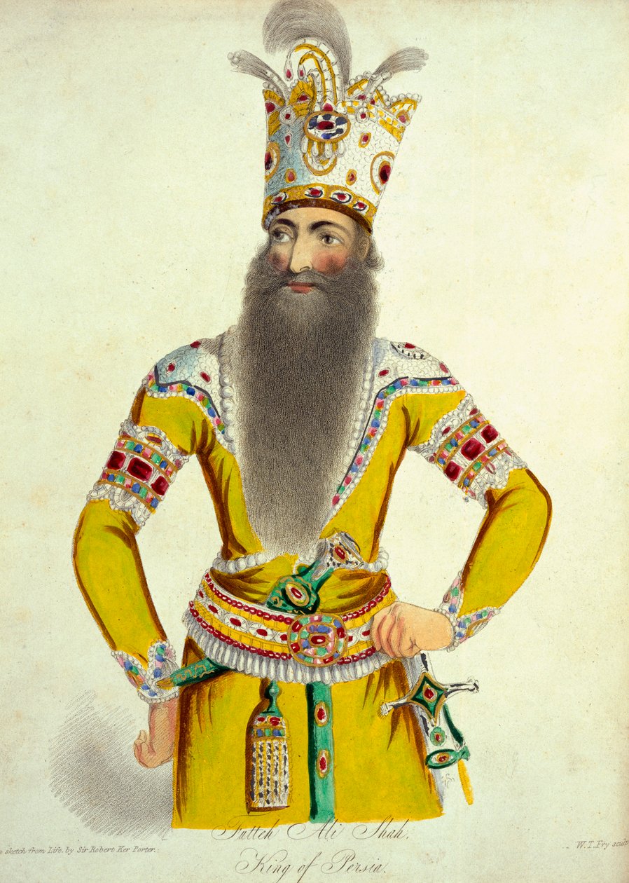 विलियम थॉमस फ्राय (1789-1843) द्वारा उकेरा गया फतेह अली शाह का चित्रण &39;ट्रावेल्स इन जॉर्जिया, फारस, आर्मेनिया, प्राचीन बेबीलोनिया, undc, वर्षों के दौरान बेबीलोन 1817-20&39;, 1821-22 में प्रकाशित हुआ। द्वारा रॉबर्ट केर पोर्टर