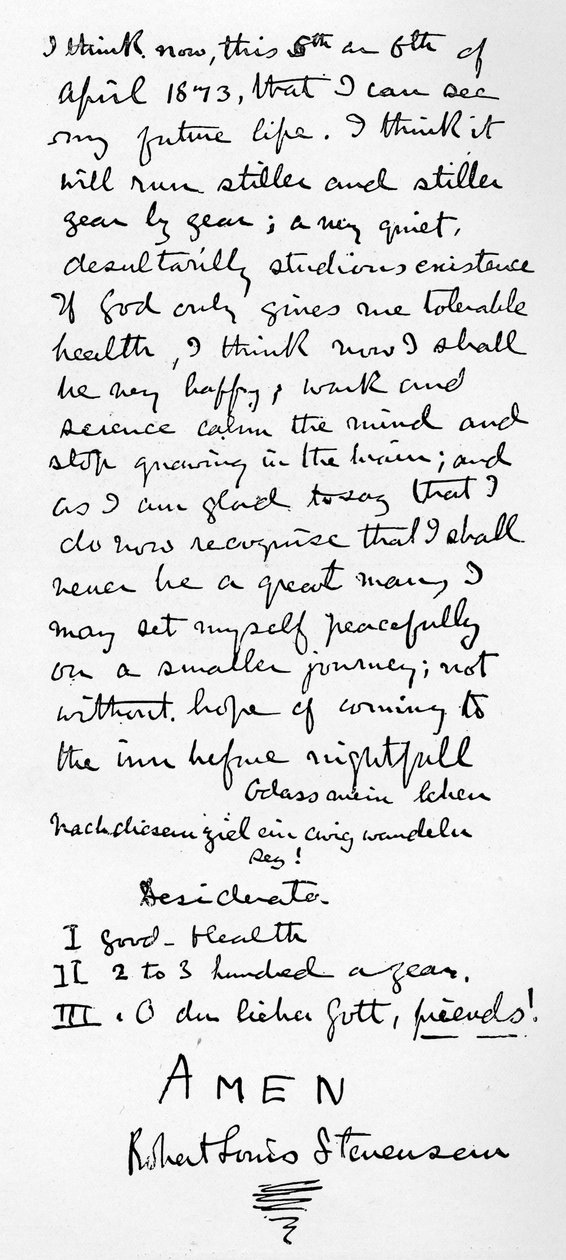 स्टीवेन्सन का व्यक्तिगत दर्शन और सुखी जीवन के लिए डेसिडेरटा की सूची, 1873 द्वारा रॉबर्ट लुई स्टीवेन्सन