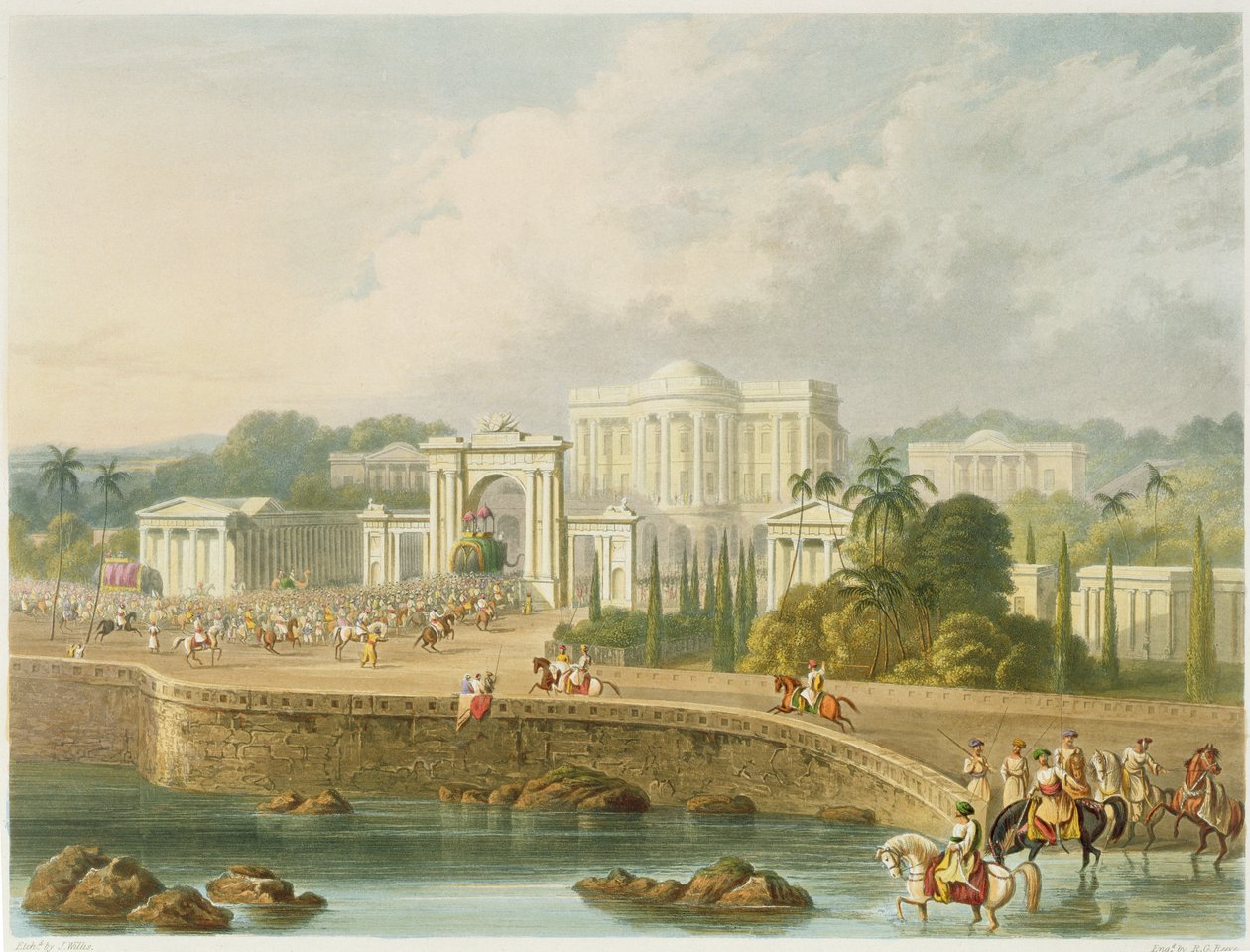 1813 में हैदराबाद में ब्रिटिश रेजीडेंसी, भारत के &39;दृश्य, वेशभूषा और वास्तुकला&39; के खंड II से, जॉन विलिस (fl.1826-52) द्वारा निर्मित और आरजी रीव (fl.1811-37) द्वारा उत्कीर्ण। स्मिथ द्वारा, ई द्वारा रॉबर्ट मेलविले ग्रिंडले