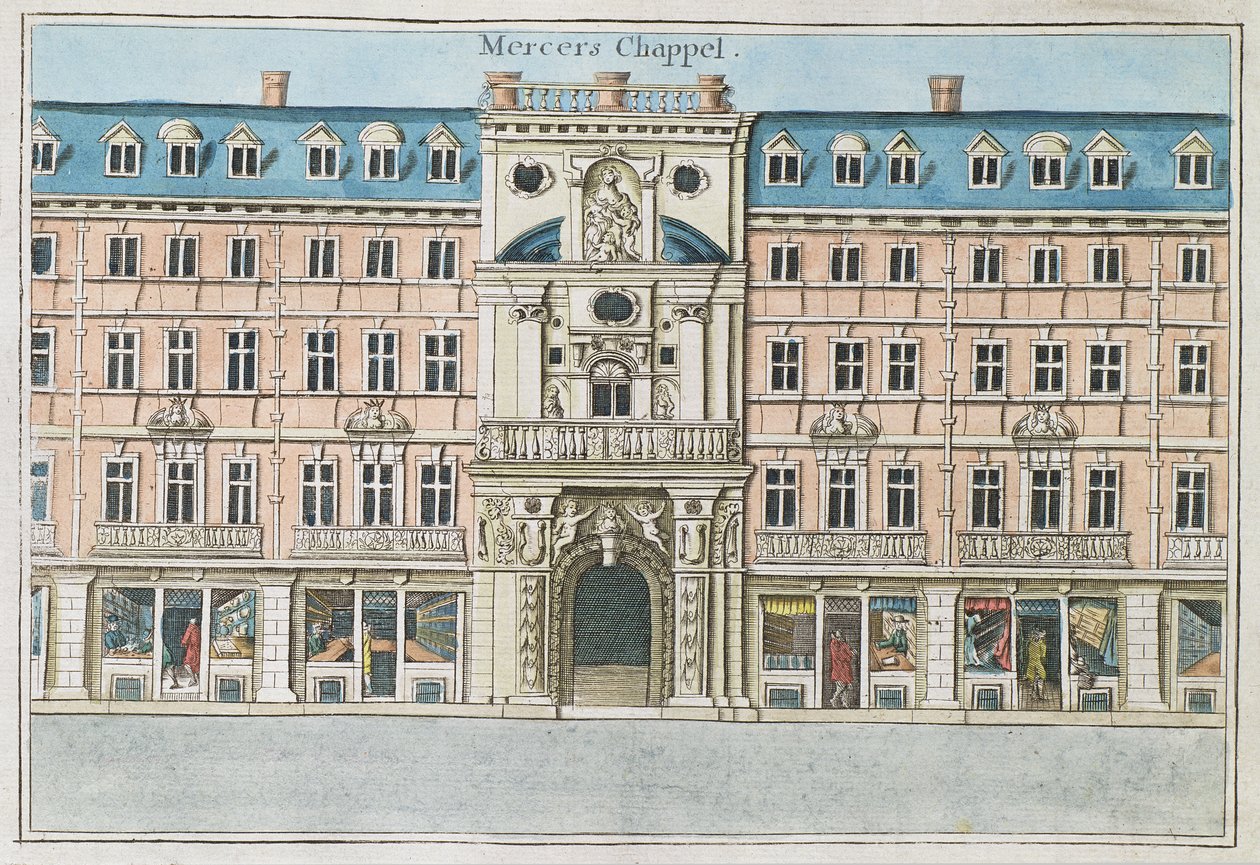 Mercers Chapel, &39;अ बुक ऑफ द प्रॉस्पेक्ट्स ऑफ द रेस्पेक्टेबल प्लेसेस ऑफ द रिमार्केबल प्लेसेस इन एंड द सिटी ऑफ लंदन&39;, c.1700 द्वारा रॉबर्ट मोर्डन