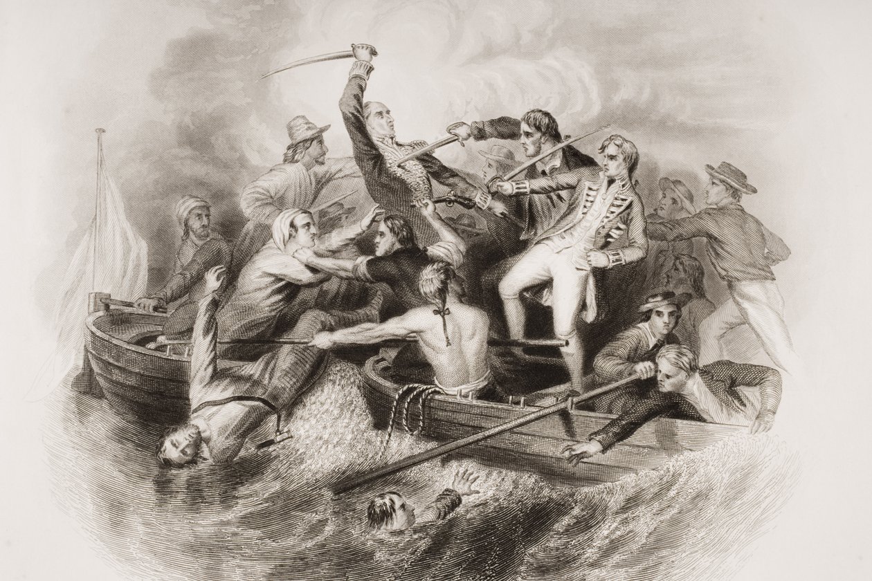 नेल्सन और डॉन मिगुएल टायरसॉन के बीच बंदूक-नौकाओं में हताश मुठभेड़, लेफ्ट द्वारा &39;इंग्लैंड की लड़ाई से समुद्र और भूमि&39; से दृष्टांत कर्नल विलियम्स, जी। ग्रेटबैक द्वारा उत्कीर्ण द्वारा रॉबर्ट नील हिंद