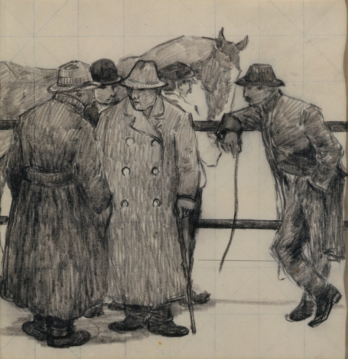 हॉर्स डीलर्स के लिए अध्ययन, c.1917 (चुकंदर पेपर पर पेंसिल) द्वारा रॉबर्ट पोलहिल बेवन