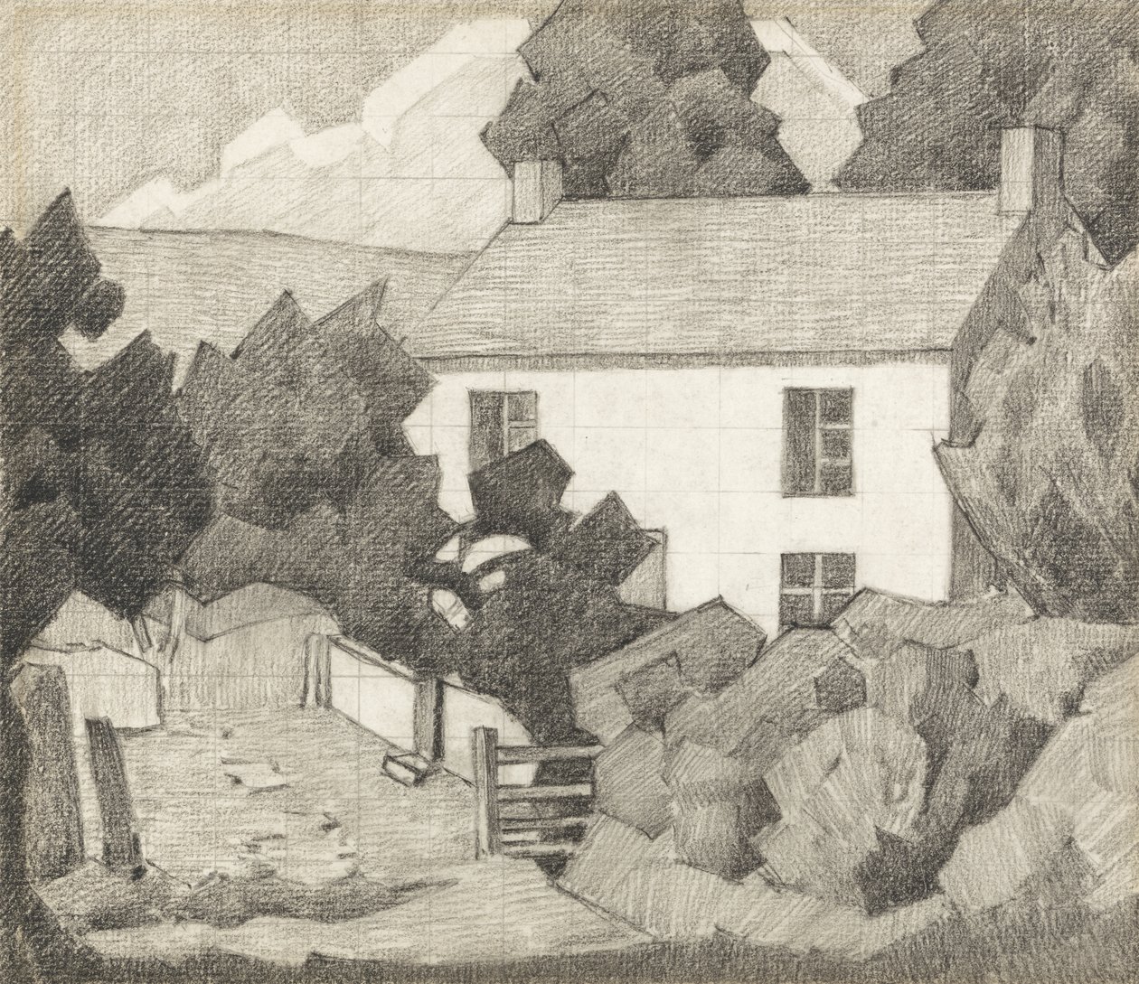 व्हाइट हाउस, c.1920 (कागज पर ग्रेफाइट) द्वारा रॉबर्ट पोलहिल बेवन