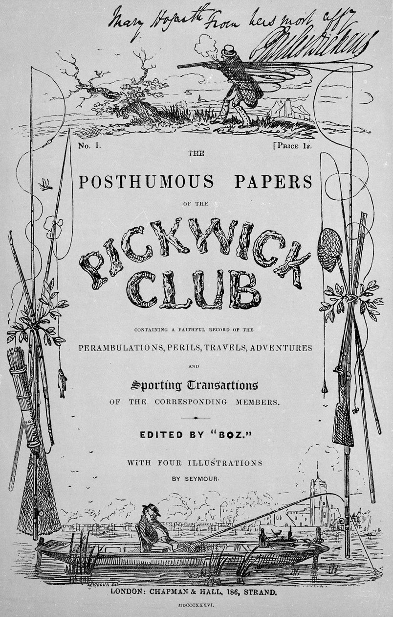 चार्ल्स डिकेंस के प्रथम संस्करण, 1836 के &39;द पोस्टहुम पेपर्स ऑफ़ द पिकविक क्लब&39; का शीर्षक पृष्ठ द्वारा रॉबर्ट सीमोर