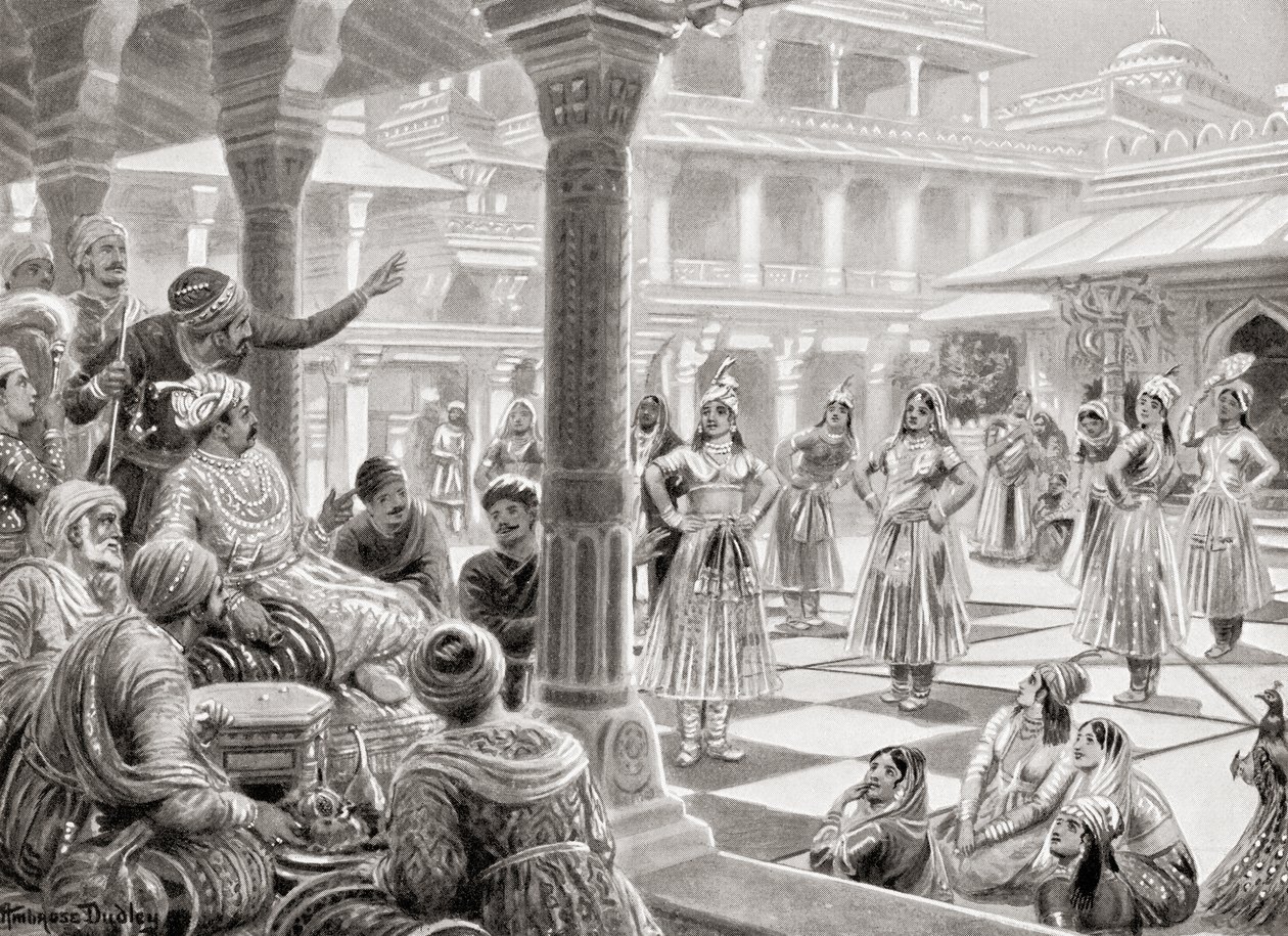 1575 में हचिंसन हिस्ट्री ऑफ द नेशंस, पब से अकबर 1575 में फतेहपुर सीकरी में जीवित टुकड़ों के साथ पच्चीसी या चौपुर खेल रहा था। द्वारा रॉबर्ट (बाद में) डुडले