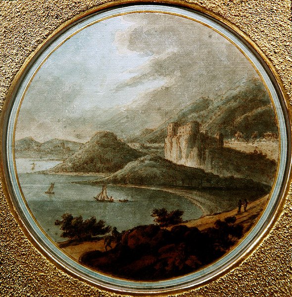 जहाजों के साथ समुद्र की खाड़ी के ऊपर महल, c.1775 (कागज पर पानी के रंग के साथ कलम और स्याही) द्वारा रॉबर्ट (attr। To) Adam