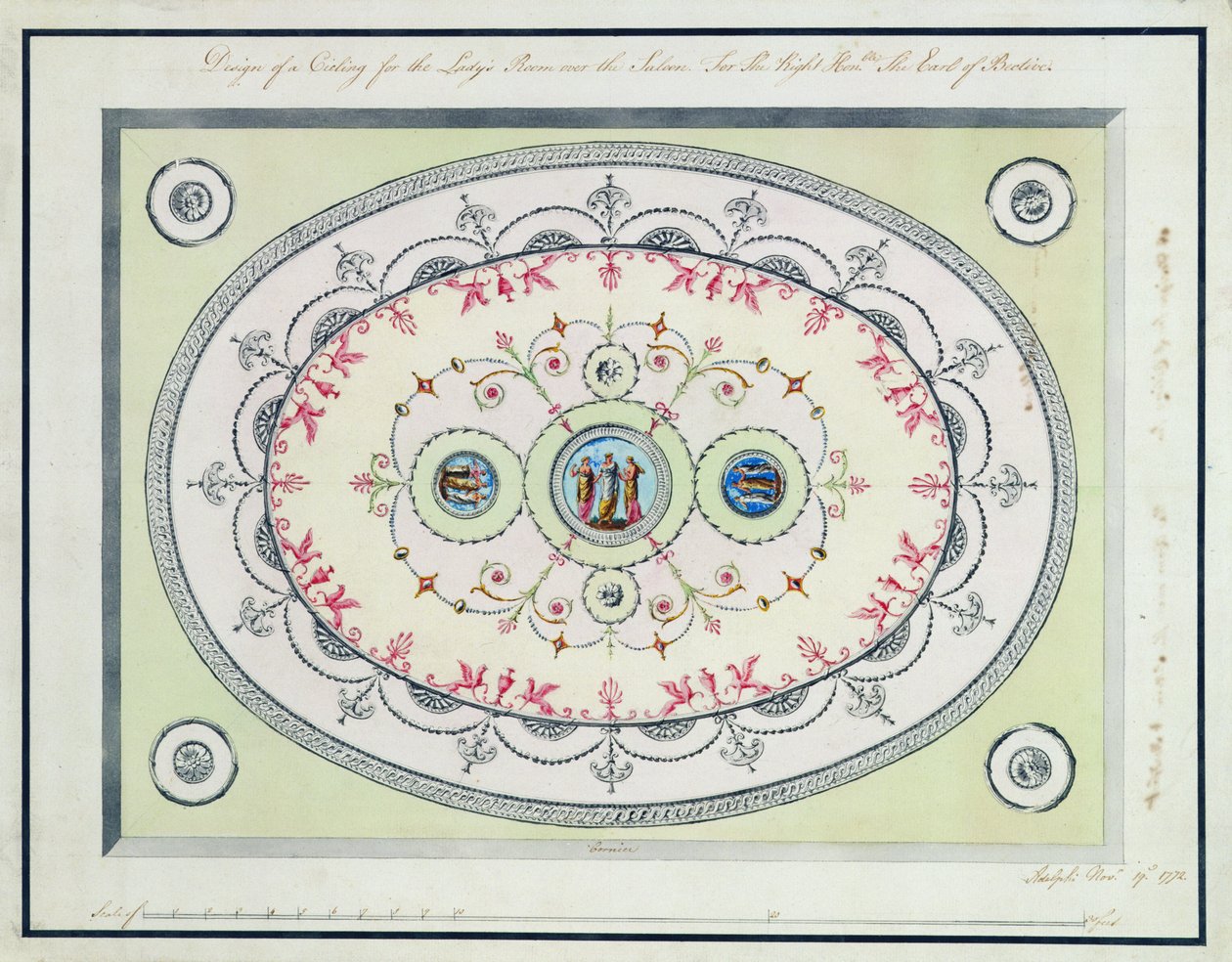 लेडीज़ रूम, हेडफोर्ट हाउस, 1772 में छत के लिए डिज़ाइन (निर्धारित कागज पर ग्रेफाइट पर पेन, इंक) द्वारा रॉबर्ट एडम