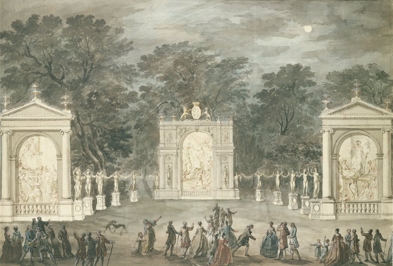 किंग जॉर्ज III के जन्मदिन के लिए बकिंघम हाउस में रोशनी, 4 जून 1783 को (कागज पर पेन और स्याही नहीं) द्वारा रॉबर्ट एडम