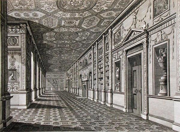 1760-69 में निर्मित सायन हाउस में पुस्तकालय (उत्कीर्णन) द्वारा रॉबर्ट एडम