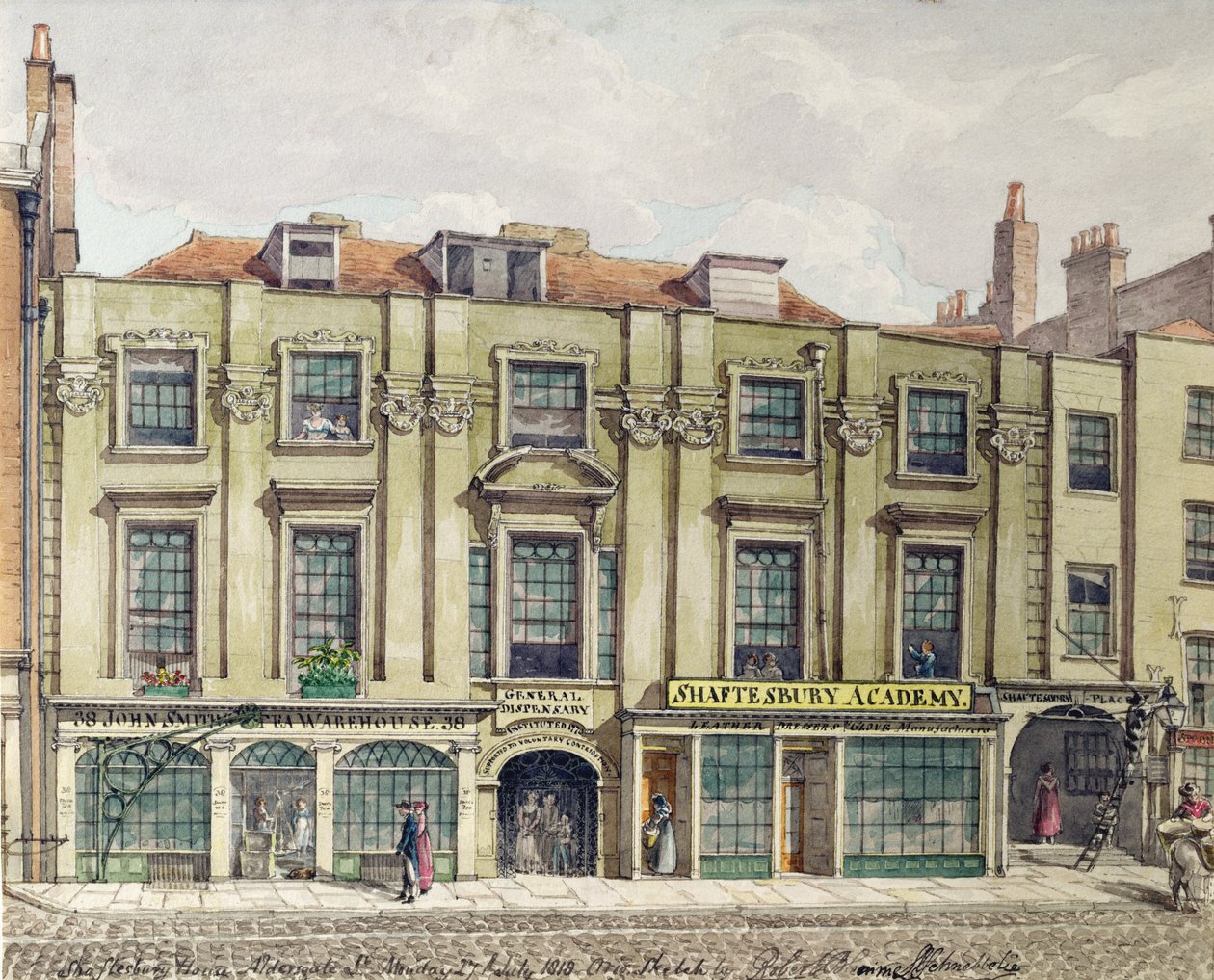 Shaftesbury House, Aldersgate Street, London, 1819 (wc sketch) द्वारा रॉबर्ट ब्लेमेल श्नेबेलबी