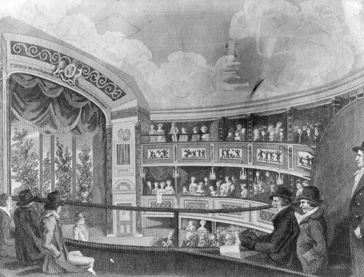 1816 में हेनरी रिचर्ड कुक द्वारा उत्कीर्ण ड्र्यू लेन के पास ओलंपिक थियेटर का इंटीरियर द्वारा रॉबर्ट ब्लेमेल श्नेबेलबी