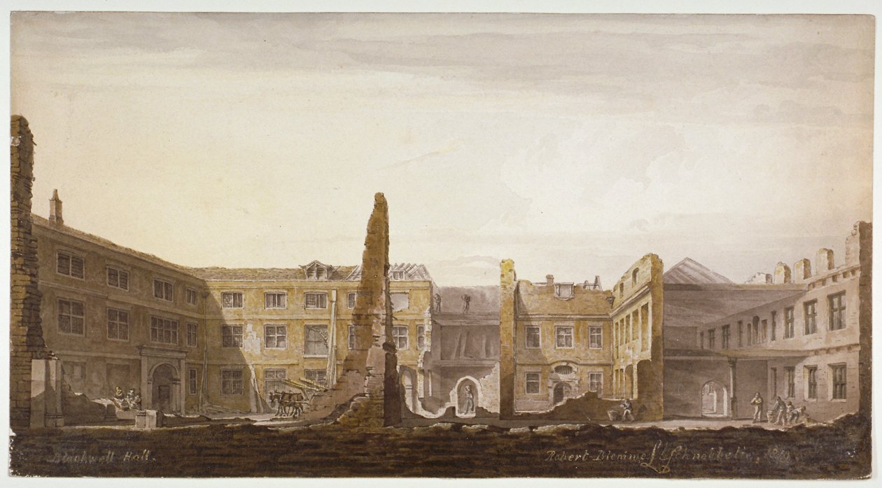 विध्वंस के दौरान ब्लैकवेल हॉल, लंदन शहर, 1819 द्वारा रॉबर्ट ब्लेममेल श्नेबेलबी