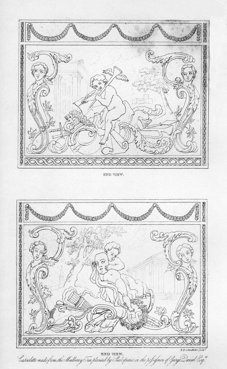 शेक्सपियर शहतूत के पेड़ की लकड़ी से बना नक्काशीदार कैसेट, c18 वीं शताब्दी, 1840। द्वारा रॉबर्ट ब्लेममेल श्नेबेलबी