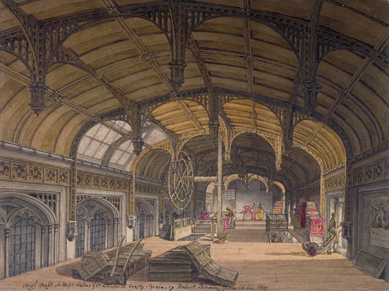 36 बिशप्सगेट, लंदन शहर, 1819 में क्रॉस्बी हॉल का आंतरिक दृश्य द्वारा रॉबर्ट ब्लेममेल श्नेबेलबी