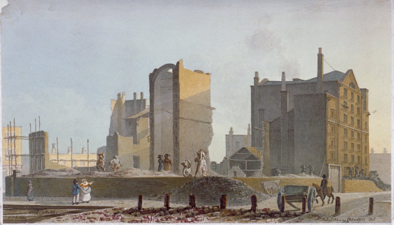 बर्बाद इमारत, कमर्शियल रोड, स्टेपनी, लंदन, 1820 द्वारा रॉबर्ट ब्लेममेल श्नेबेलबी