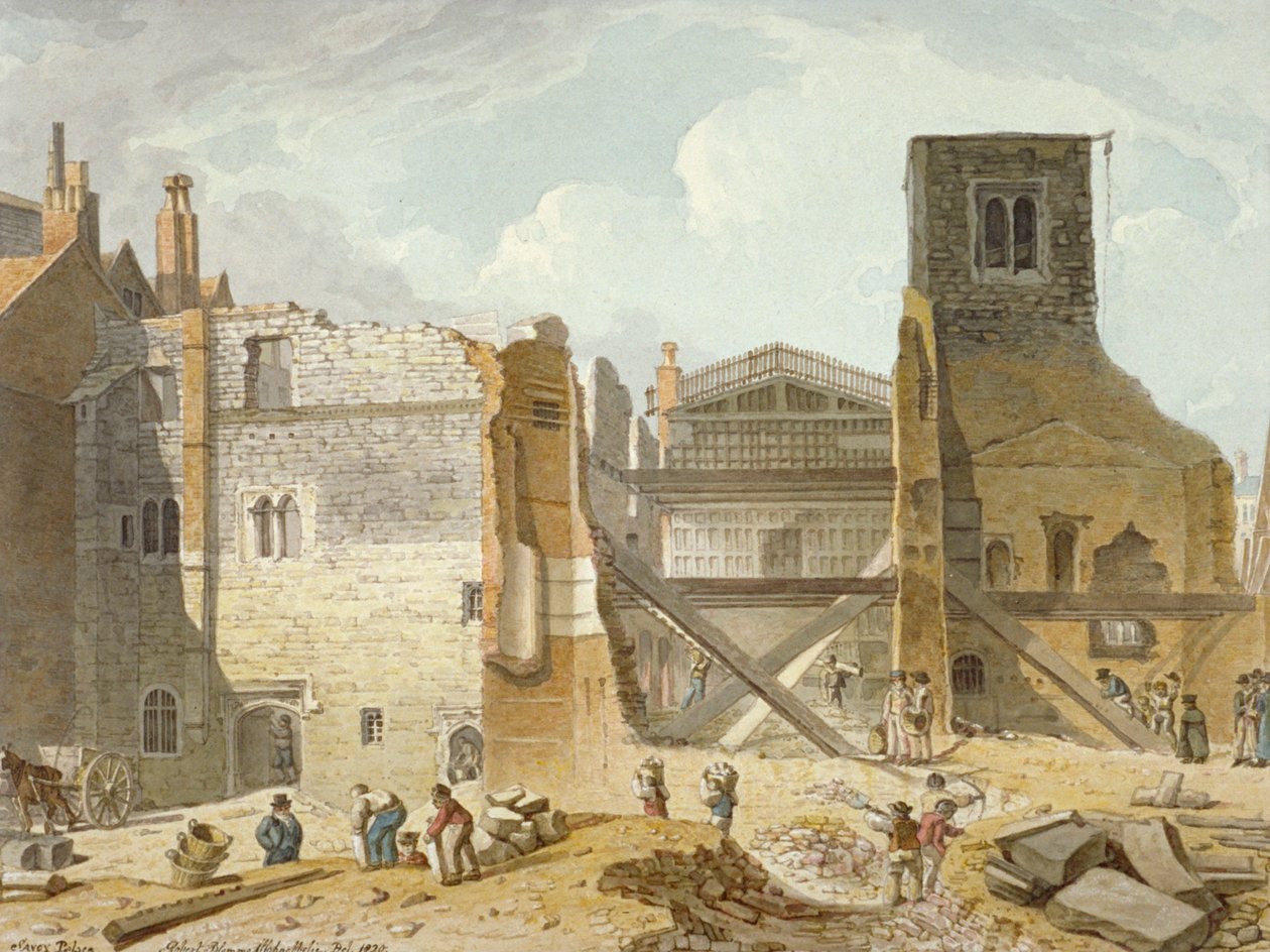 सेवॉय पैलेस, वेस्टमिंस्टर, लंदन, 1820 के विध्वंस का दृश्य द्वारा रॉबर्ट ब्लेममेल श्नेबेलबी