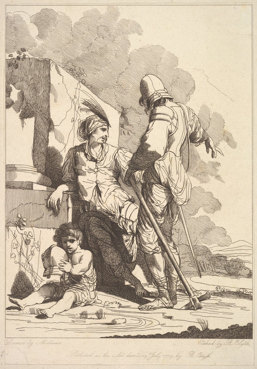 दो सैनिक और बाल होल्डिंग एक हेलमेट, जुलाई 19, 1779। द्वारा रॉबर्ट ब्लिथ
