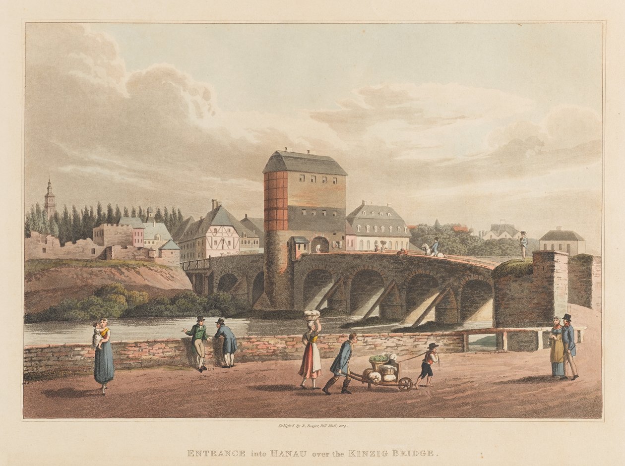किंजिग ब्रिज, 1814 (एक्वाटिंट) पर हानाऊ में प्रवेश द्वारा रॉबर्ट बाउयर