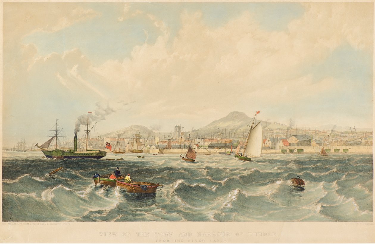 डंडी के टाउन एंड हार्बर का दृश्य, c.1850 (लिथोग्राफ) द्वारा रॉबर्ट कैरिक