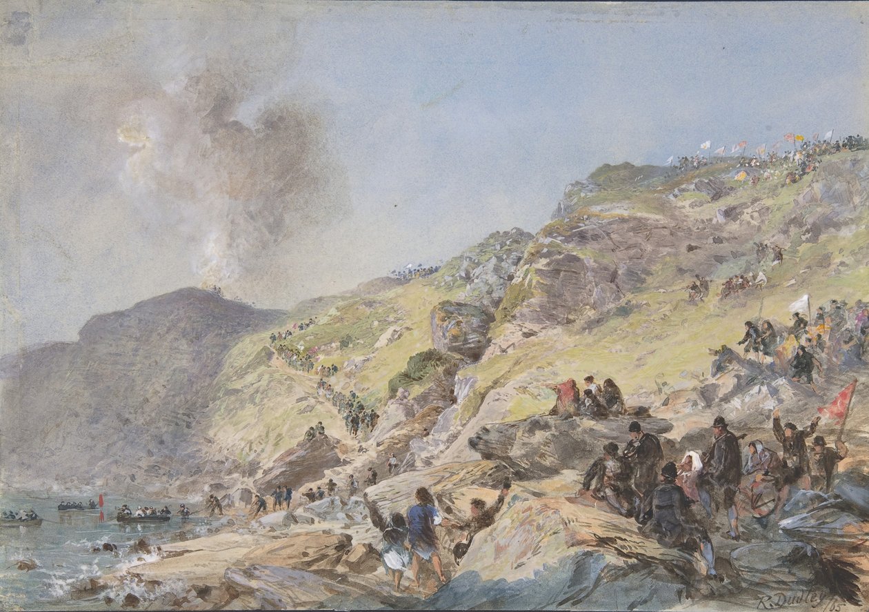 द क्लिफ्स, फोइलहुमेरम बे, वैलेंटिया, वह बिंदु जिस पर केबल का किनारा-छोर..., 1865, 1865 द्वारा रॉबर्ट चार्ल्स डुडले