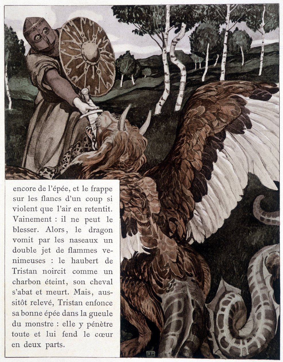 ट्रिस्टन एक ड्रैगन के साथ लड़ रहा है - जे. बेडियर द्वारा "द रोमन बाय ट्रिस्टन एंड इसेल्ट" में, रॉबर्ट एंगेल्स द्वारा सचित्र, कला संस्करण, पेरिस द्वारा रॉबर्ट एंगेल्स