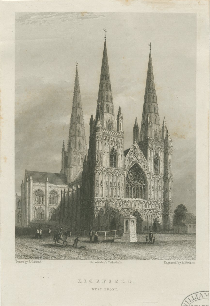 लिचफील्ड कैथेड्रल - वेस्ट फ्रंट: स्टील एनग्रेविंग, एन डी [सी 1835-1842] (प्रिंट) द्वारा रॉबर्ट गारलैंड