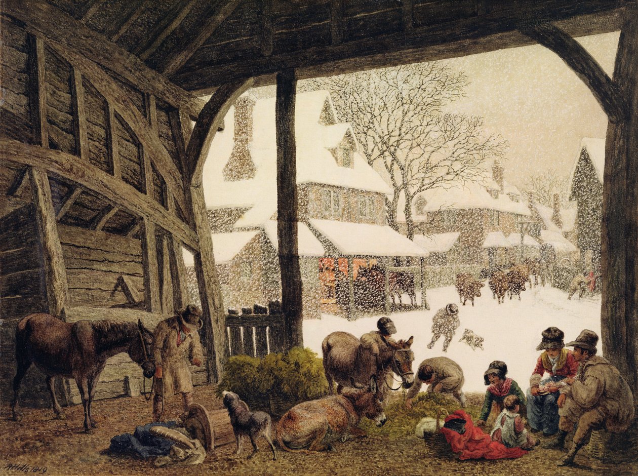 ए विलेज स्नो सीन, 1819 (डब्ल्यूसी, बॉडीकोल, ग्रेफाइट से बाहर स्क्रैपिंग) द्वारा रॉबर्ट हिल्स