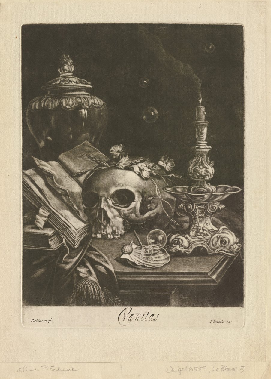 वनिता स्टिल लाइफ, c.1685-88 (ब्यूरिन कार्य के साथ मेज़ोटिन्ट) द्वारा रॉबर्ट रॉबिन्सन