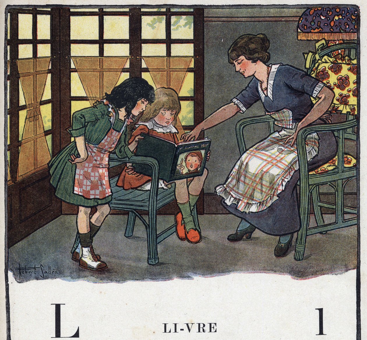 बच्चों की किताब "" मैं पढ़ूंगा - एक पिता द्वारा पद्धति और मजेदार वर्णमाला """ 1926। रॉबर्ट सैलेस द्वारा चित्रण (1871-1929)। सहायक: पत्र एल पुस्तक के रूप में। एक माँ अपनी बेटी को पढ़ना सिखाती है। द्वारा रॉबर्ट सेलेस