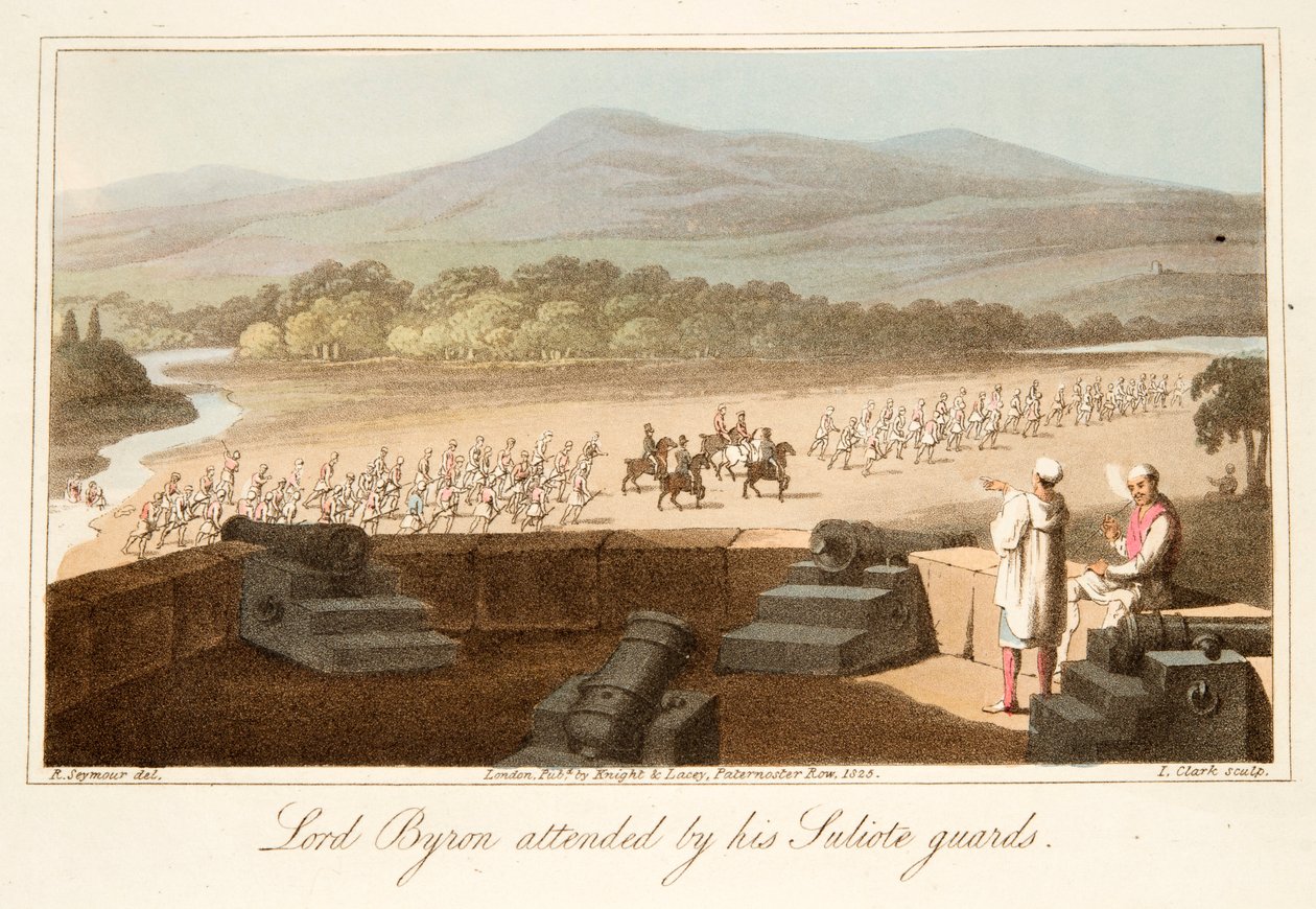 लॉर्ड बायरन ने अपने सुलियोट गार्ड्स, पब में भाग लिया। 1825. द्वारा रॉबर्ट सीमोर