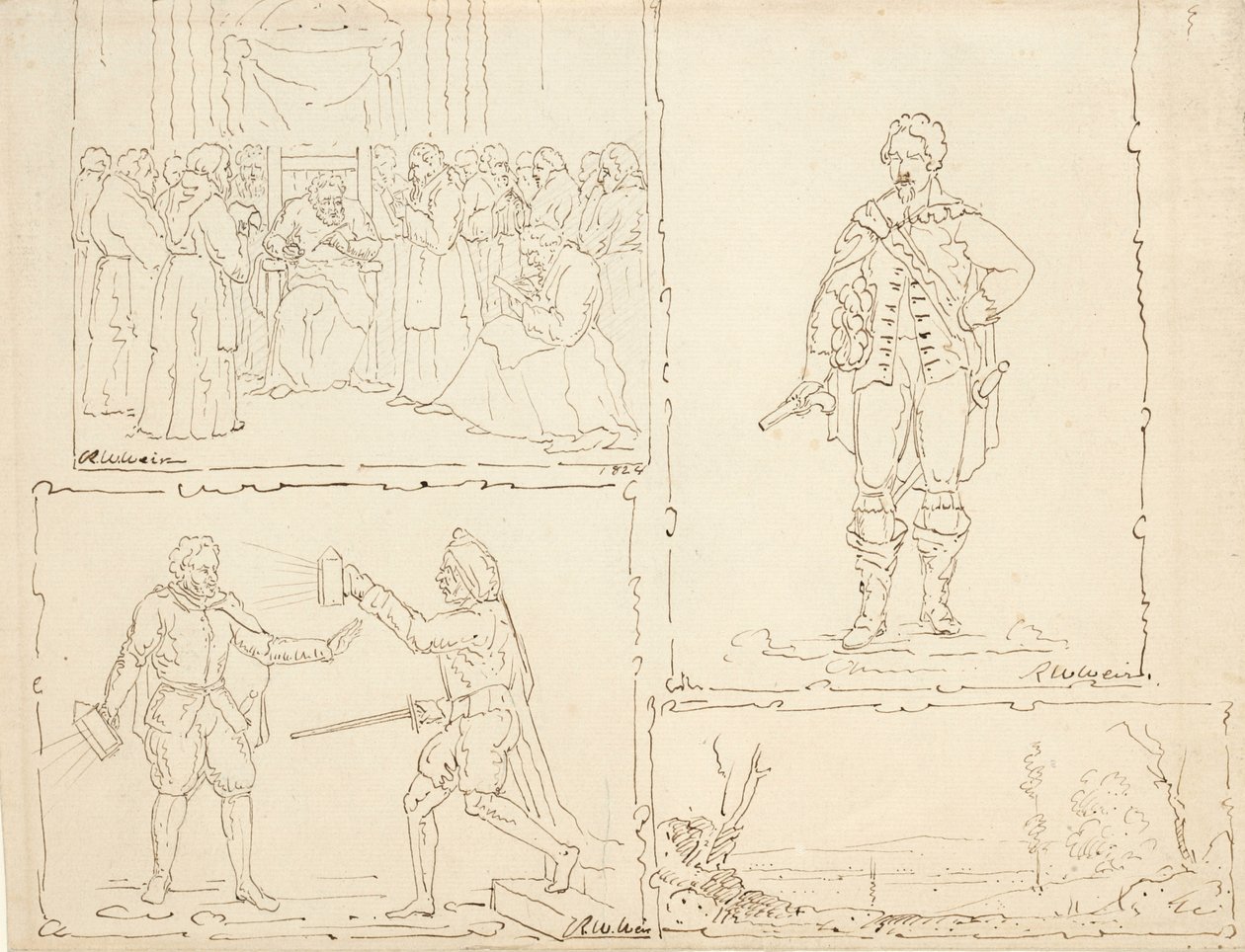 चार स्केच, 1824 (बफ रखी कागज पर कलम और भूरी स्याही) द्वारा रॉबर्ट वाल्टर वियर