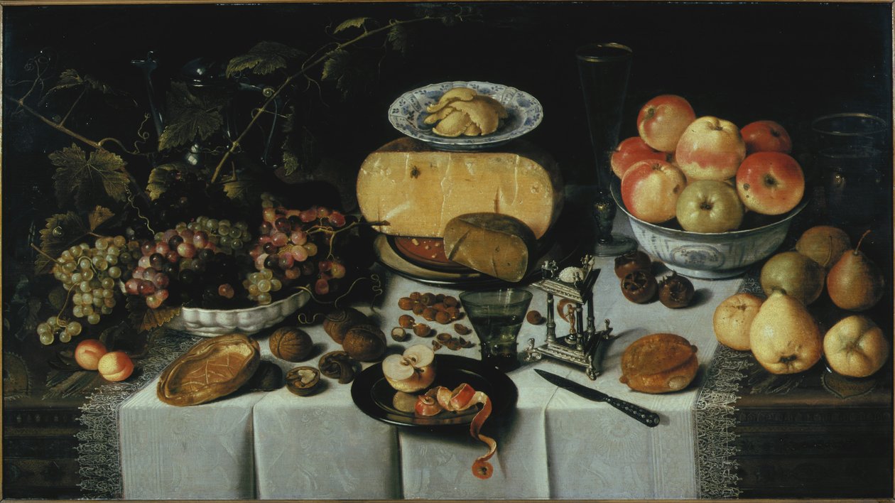 पनीर और फलों के साथ स्टिल लाइफ, 1625। द्वारा Roelof Koets