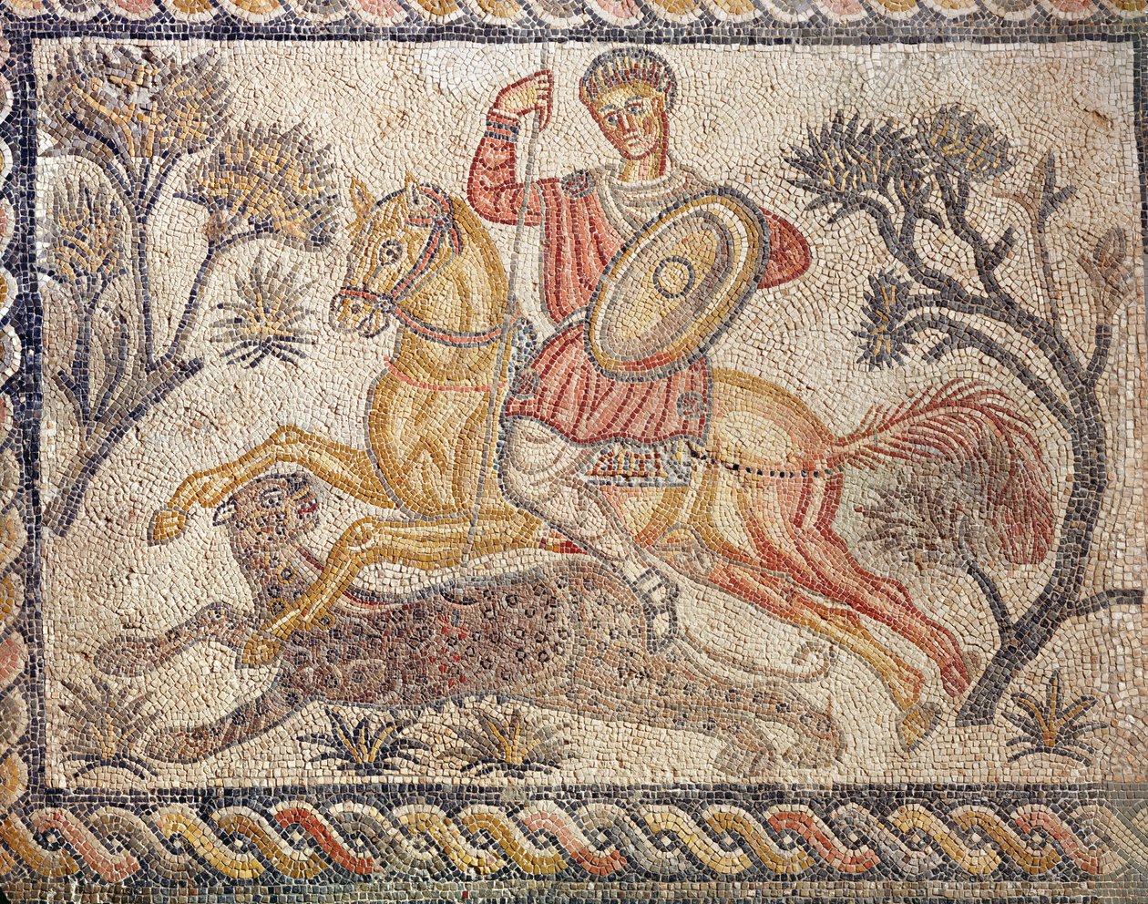 विला डी लास टिएन्डास से एक तेंदुए का शिकार करने वाला मोज़ेक, c.326-400 (मोज़ेक) द्वारा उपन्यास