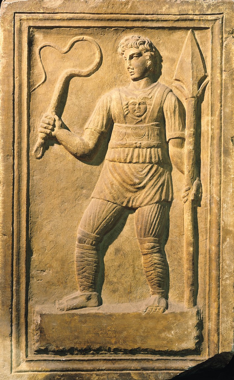 एक कोड़ा और एक भाला पकड़े एक तलवार चलानेवाला को दर्शाती राहत द्वारा उपन्यास