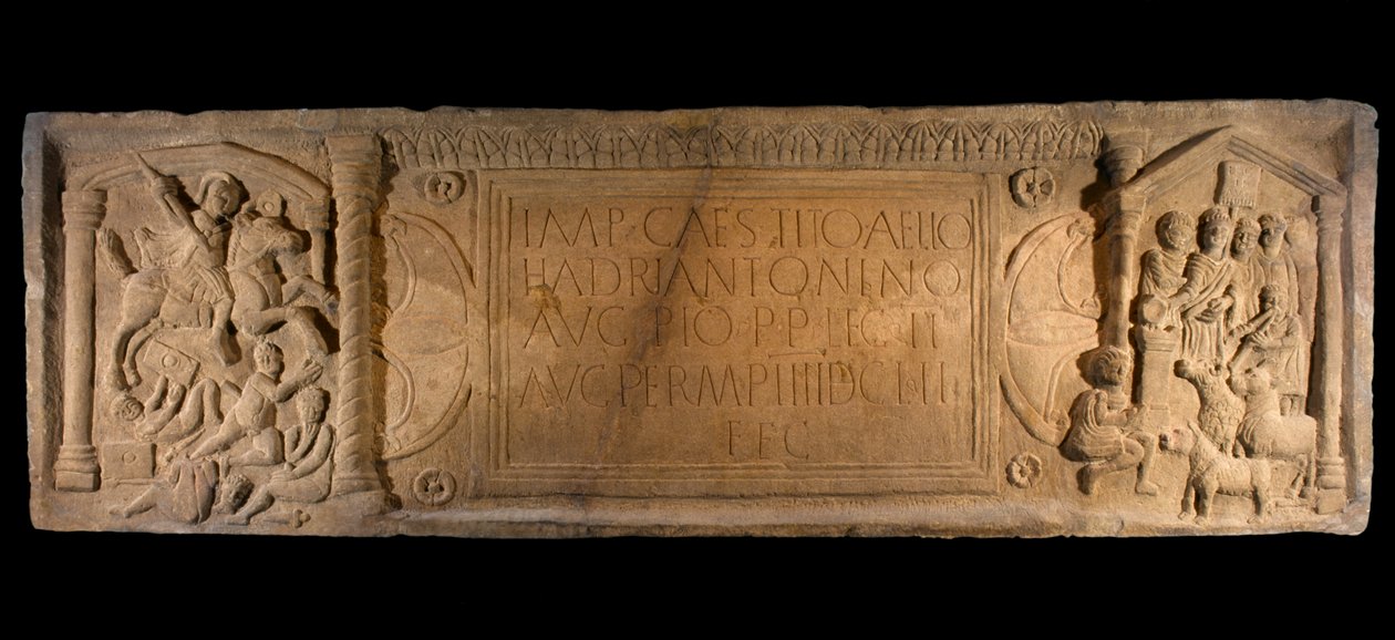 Bridgeness स्लैब, सैंडस्टोन दूरी स्लैब से विस्तार, रोमन विजय का प्रतीक, Bridgeness, West Lothian, c.142 AD द्वारा उपन्यास