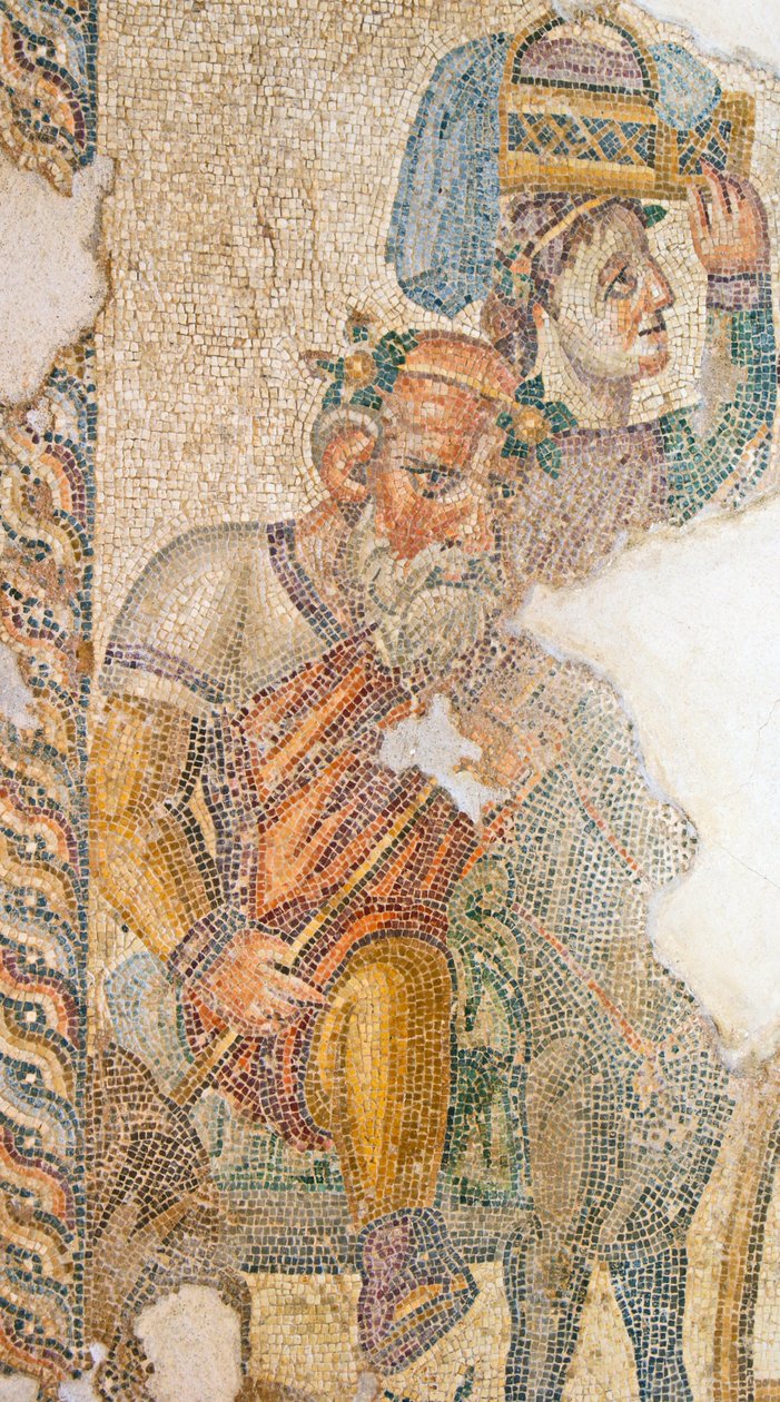 Dionysos के विजयी जुलूस, अपने गधे की सवारी Seilenos का विस्तार। एयन, पापहोस, साइप्रस मोज़ेक की सभा द्वारा उपन्यास
