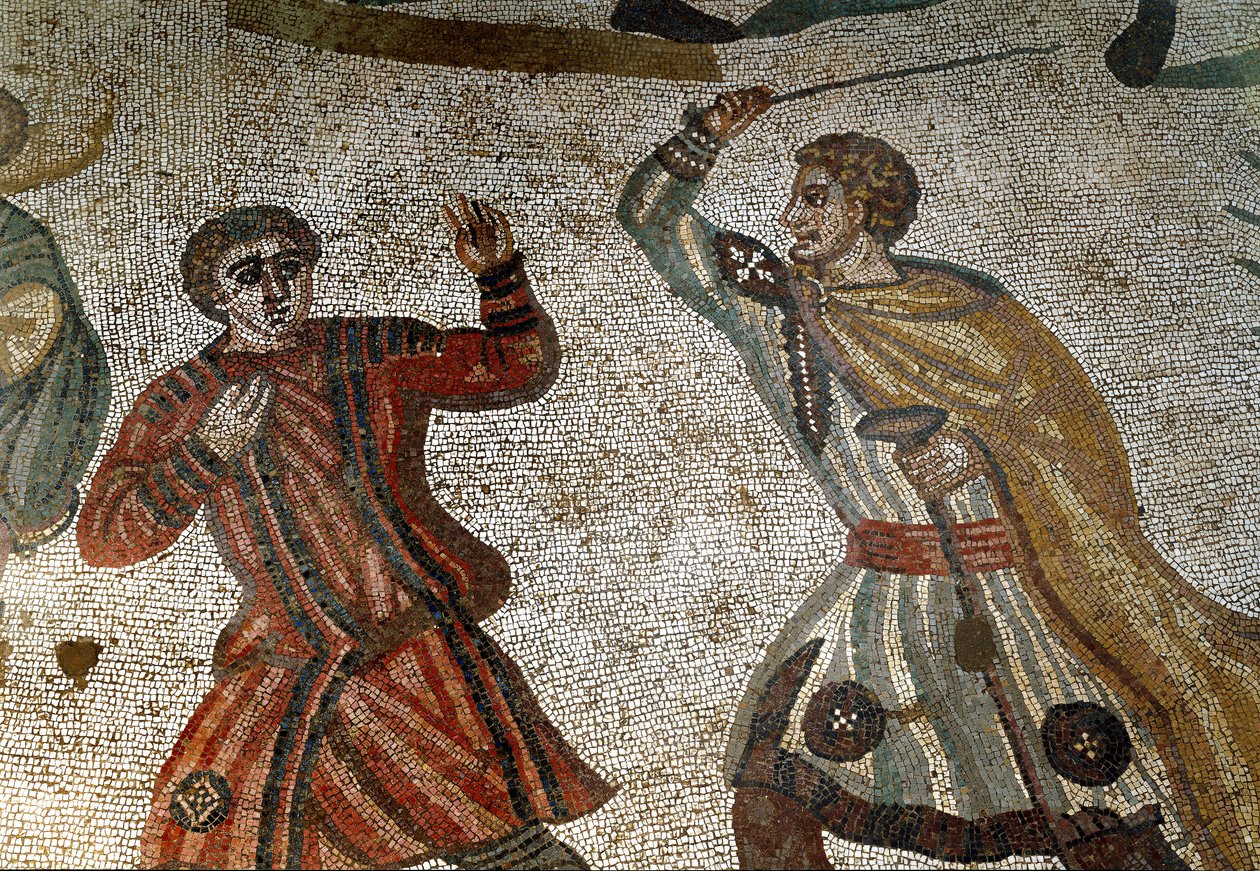 रोमन कला: मोज़ेक का विवरण ""द ग्रेट हंट"" एक रोमन अभिजात अपने एक दास को छड़ी से सजा देता है। 315-350 ई. पियाज़ा अर्मेरिना, विला रोमाना डेल कैसाले द्वारा उपन्यास