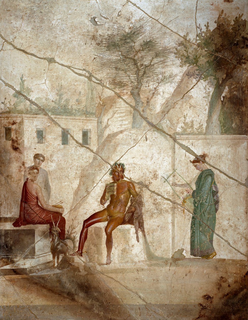 रोमन कला: "पैन संगीतकार अप्सराओं के साथ" "फ्रेस्को ने मास्टर चियारो को जिम्मेदार ठहराया। पहली सदी। पोम्पेई से। नेपल्स, राष्ट्रीय पुरातत्व संग्रहालय द्वारा उपन्यास