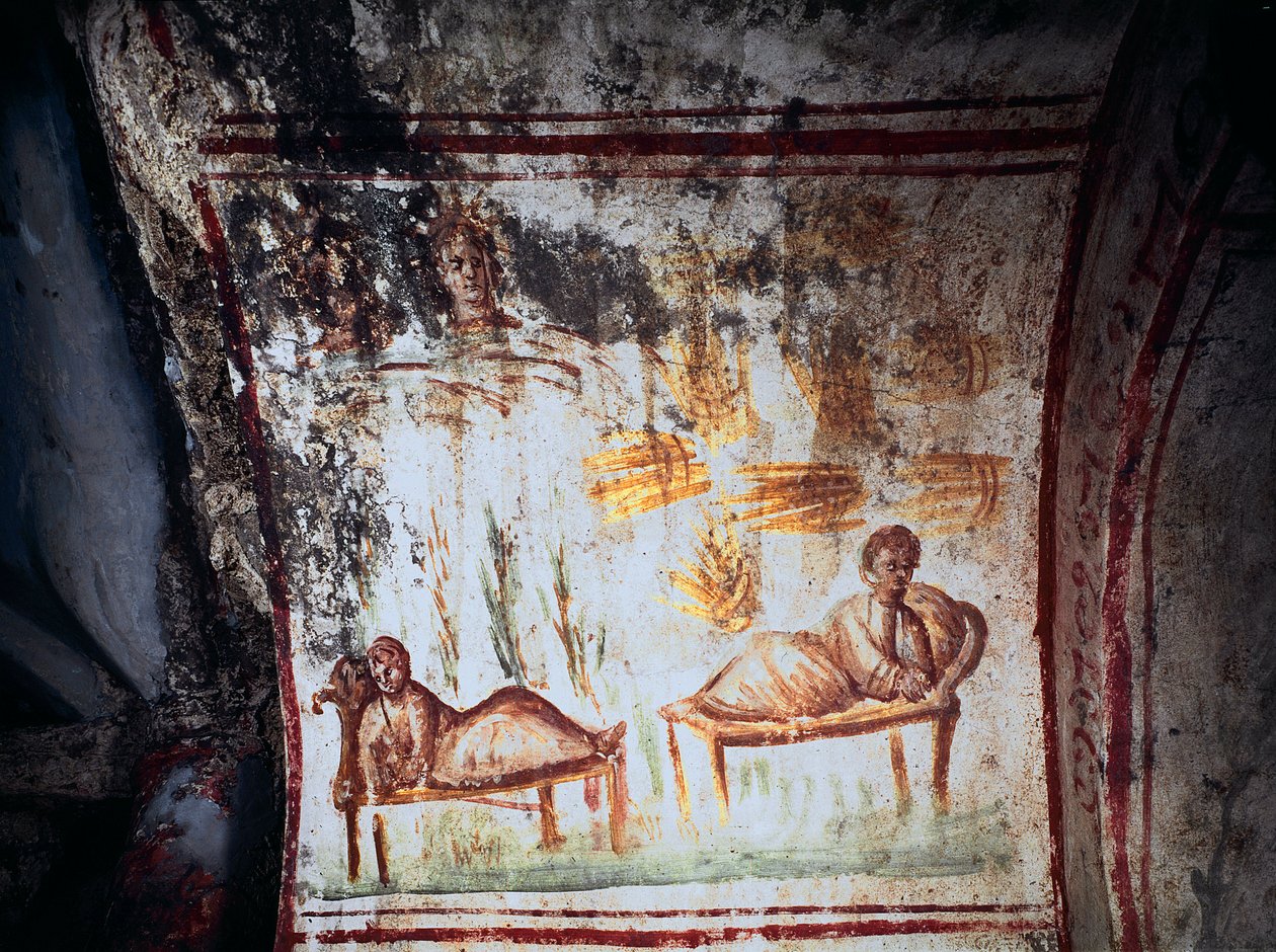 रोमन कला: "" याकूब के पुत्र जोसेफ के सपने """ चौथी शताब्दी के फ्रेस्को। लैटिना, रोम के माध्यम से कैटाकॉम्ब - रोमन कला। जोसेफ के सपने। फ्रेस्को, चौथी शताब्दी ई. लैटिना, रोम, इटली के माध्यम से कैटाकॉम्ब द्वारा उपन्यास