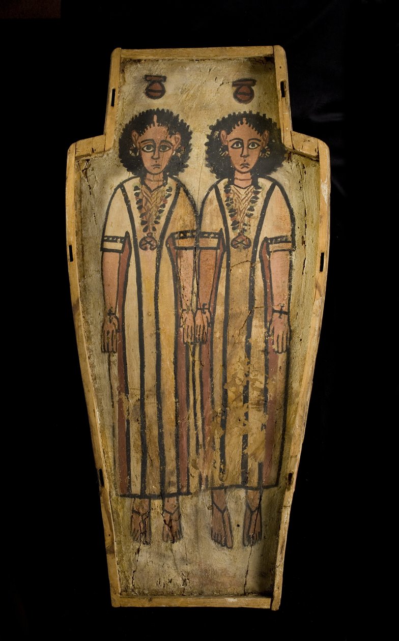 एंथ्रोपॉइड ताबूत का आधार, ऊपरी मिस्र, थेब्स, लेट रोमन काल, c.175-200 AD (प्लास्टर और पेंट की हुई लकड़ी) द्वारा रोमन काल मिस्री
