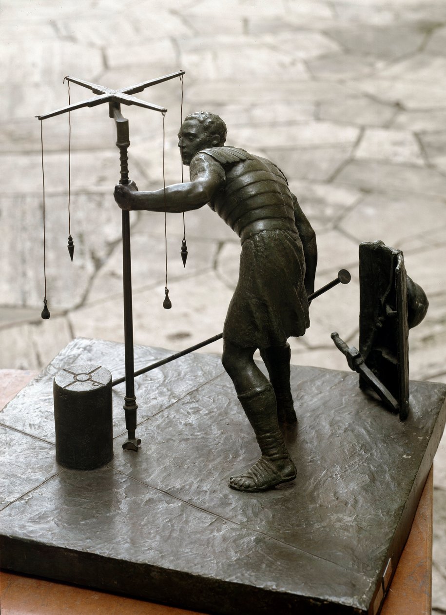 रोमन कला: "" द ग्रोमेटिशियन "" एक सर्वेक्षक (कृषिकर्ता) एक ग्रोमा (ग्रुमा) का उपयोग करके भूमि को मापता है। कांस्य मूर्तिकला। रोम, रोमन सभ्यता का संग्रहालय द्वारा रोमन रोमन