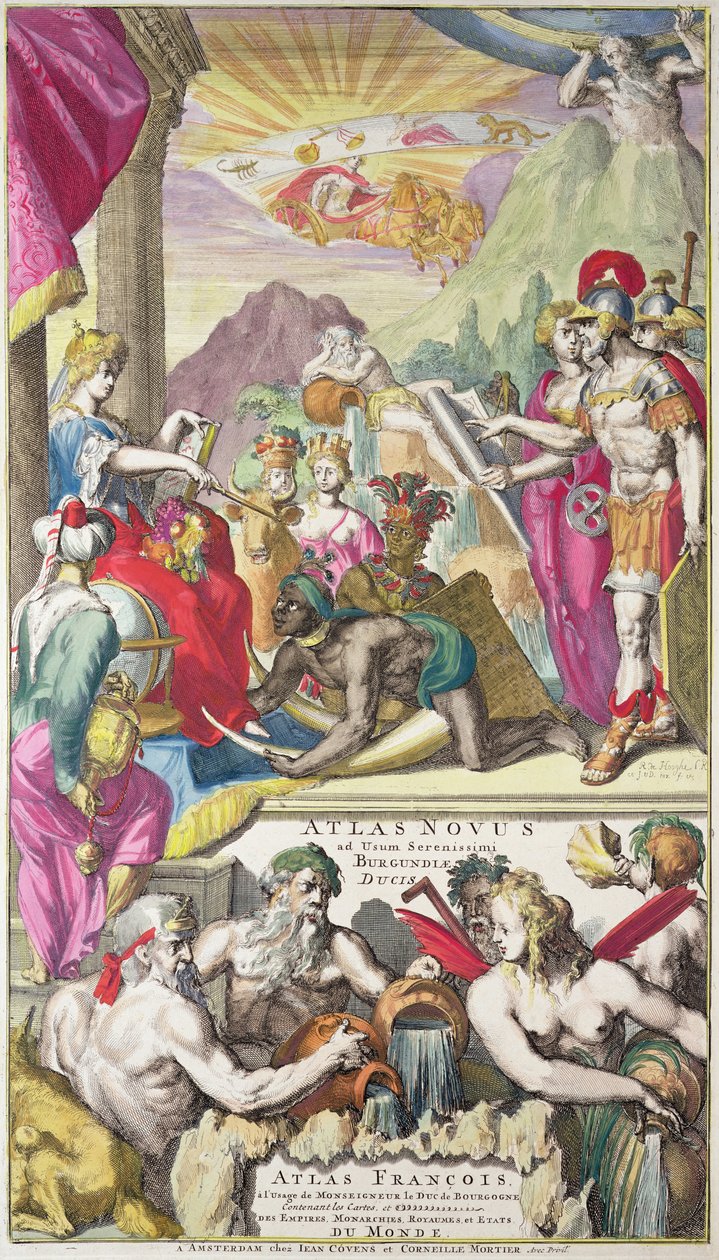 &39;एटलस का शीर्षक पेज बरगंडी के शांत ड्यूक उपयोग करने के लिए, "यूरोप, एशिया, अफ्रीका और अमेरिका, c.1730 के लोगों से श्रद्धांजलि प्राप्त चित्रण द्वारा रोमिन डे हुगहे