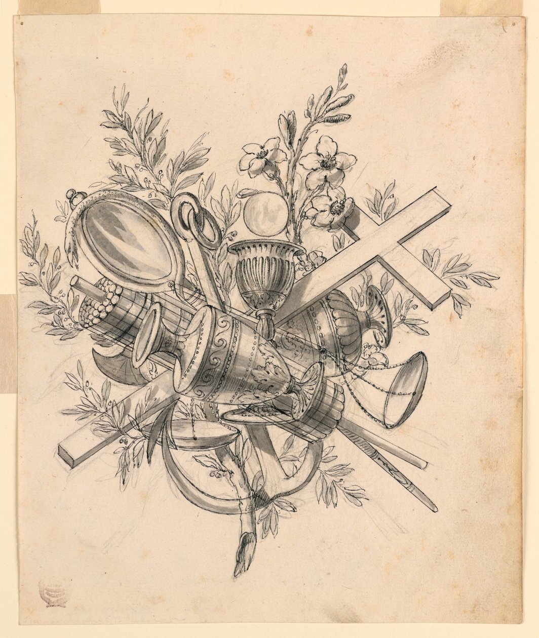 ड्राइंग, ट्रॉफी विद द सिंबल्स ऑफ़ द गुण, 1830–1850 द्वारा रोमोलो अकिल लिवरानी