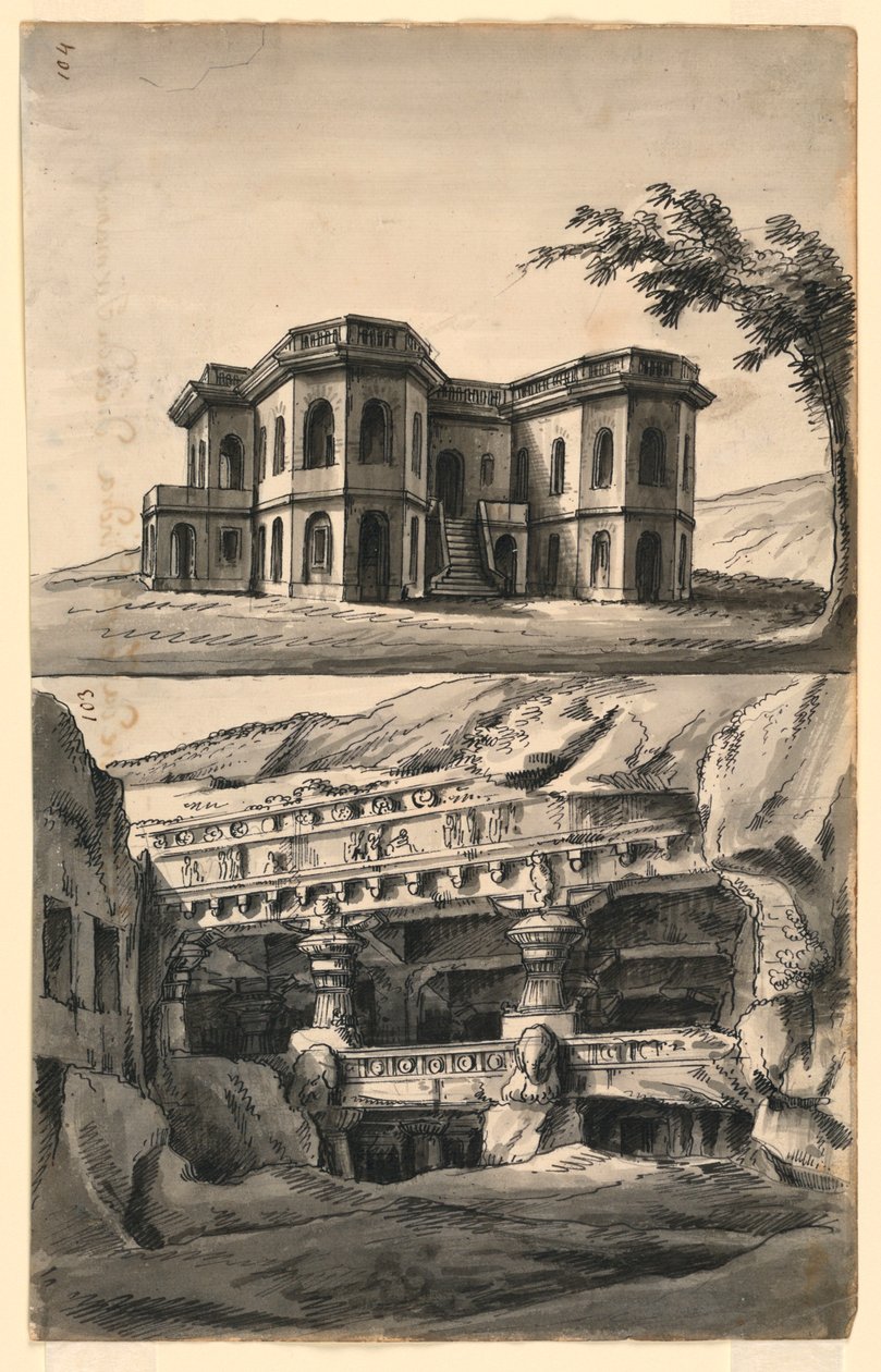 स्टेज डिज़ाइन, लैंडस्केप में महल और मंदिर और गुफाएँ द्वारा रोमोलो अकिल लिवरानी