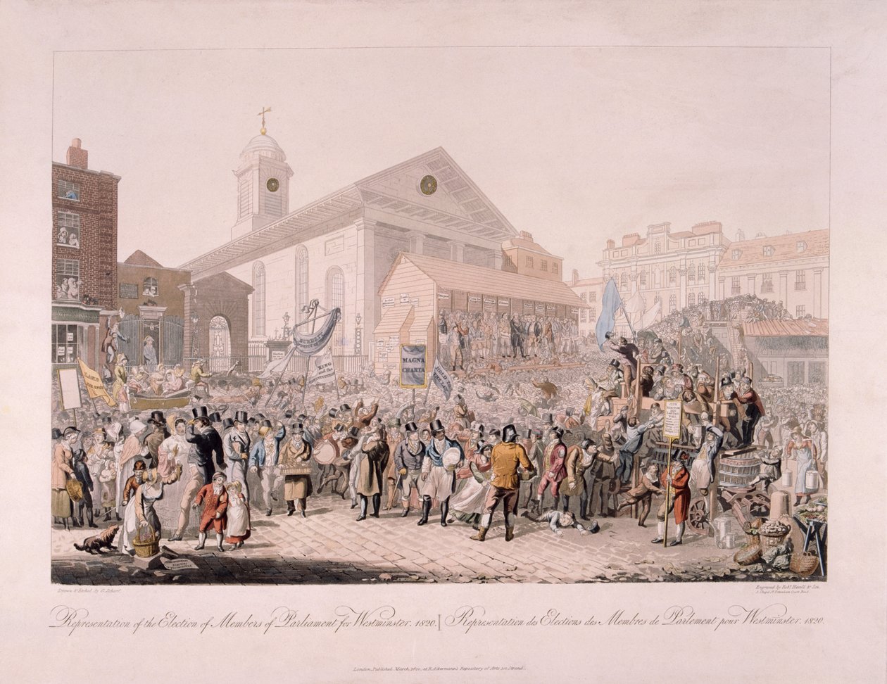 कोवेंट गार्डन, लंदन, 1818 में चुनाव। द्वारा रूडोल्फ एकरमैन