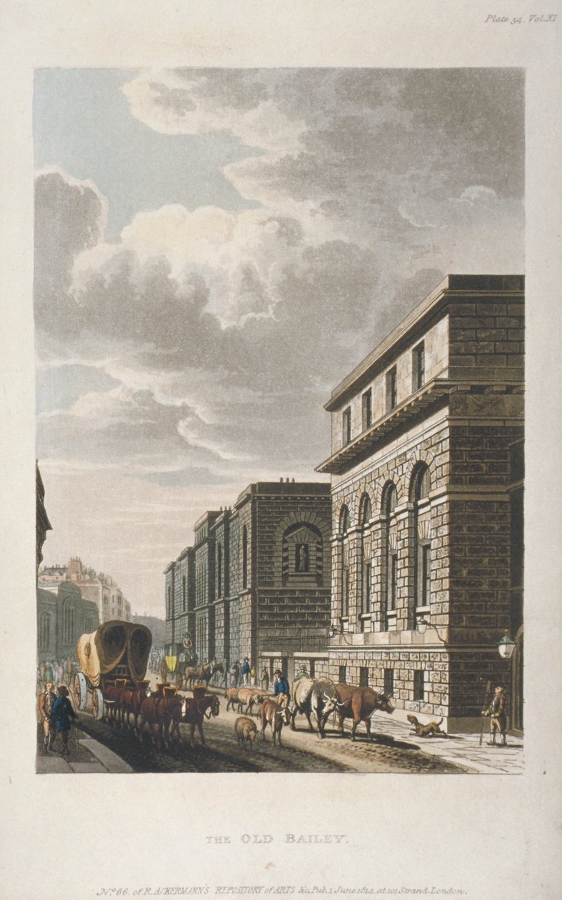 ओल्ड बेली का दृश्य, उत्तर की ओर, सिटी ऑफ़ लंदन, 1814 द्वारा रूडोल्फ एकरमैन