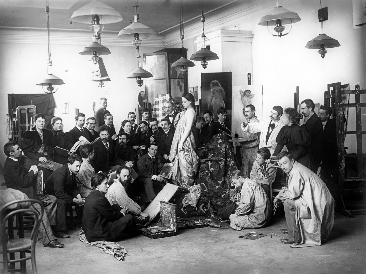 इलियाल रिपिन, 1898 में इंपीरियल एकेडमी, सेंट पीटर्सबर्ग में एक जीवन वर्ग का अध्यापन द्वारा रूसी फोटोग्राफर